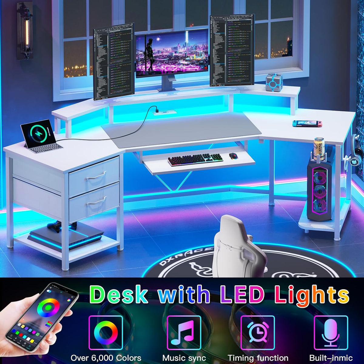 SEDETA 79' Gaming Desk, Computer Desk with 2 Fabric Drawers & LED Light, White Small Desk with Storage for Home Office, Carbon Fiber White