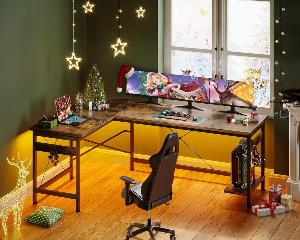 Coleshome 66' L Shaped Larger Gaming Desk, Corner Computer Desk, Sturdy Home Office Computer Table, Writing Workstation, Vintage