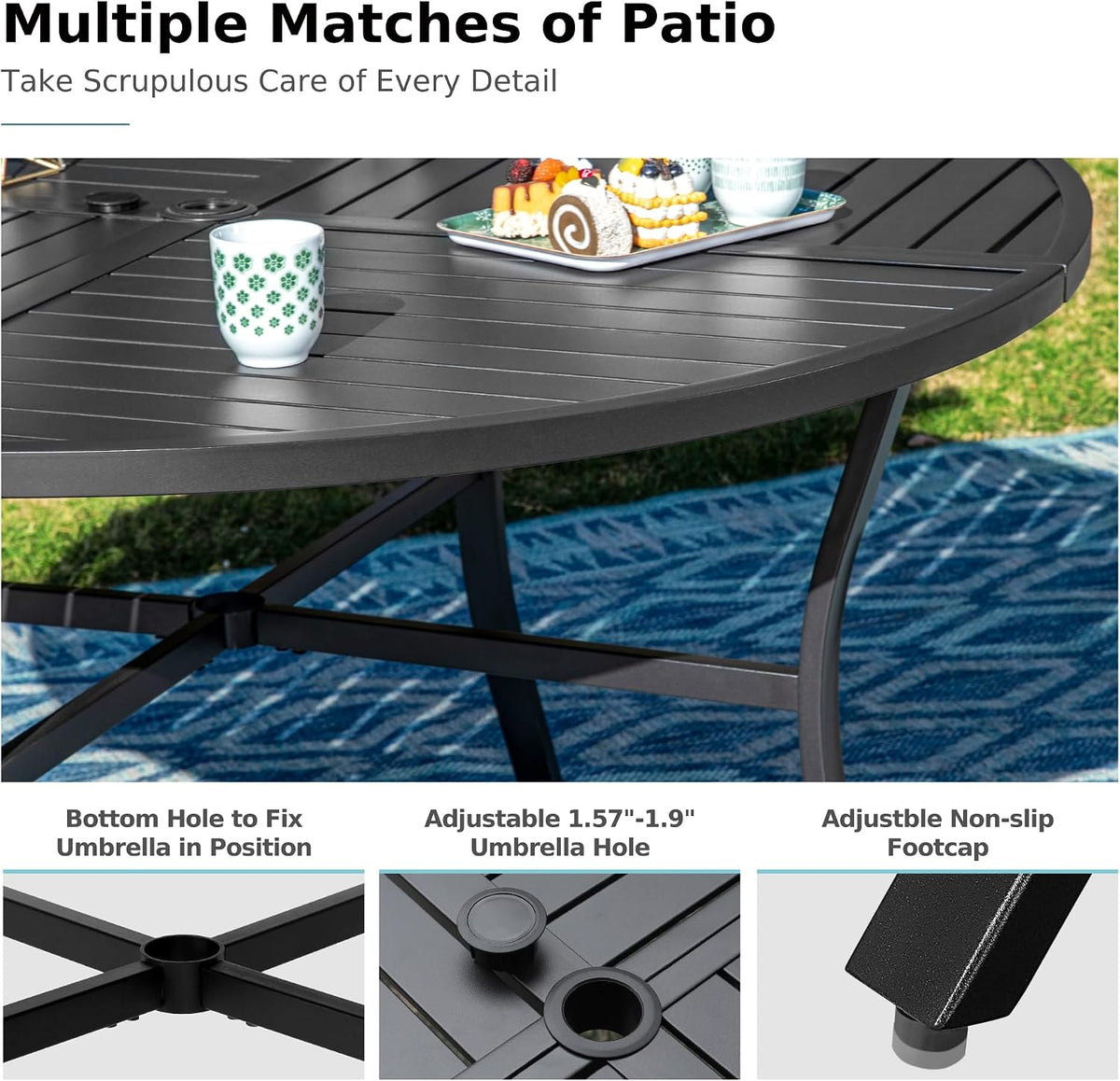 MFSTUDIO Patio Dining Sets for 4, Round Outdoor Dining Set with Umbrella, Patio Furniture Set with Umbrella for Deck, Poolside, Backyard, Garden (Umbrella Base Not Included)