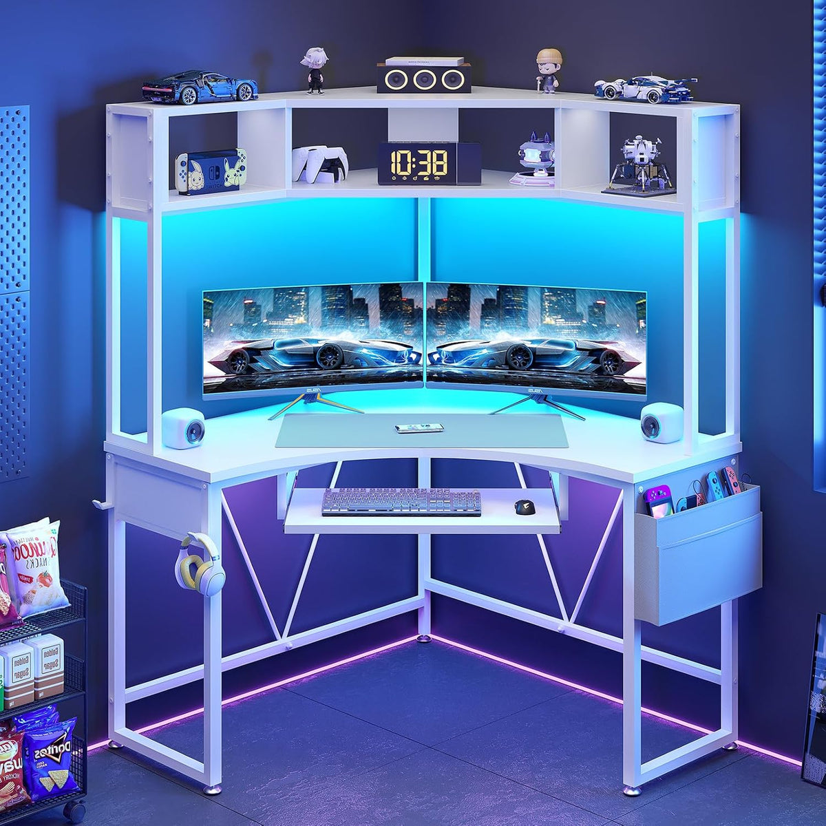 SEDETA Corner Desk, 39' W x 62' H Small Office Desk with Hutch & LED Lights, Triangle Gaming Computer Desk with Keyboard Tray, Storage Bag, and Headphone Hook for Small Space, White