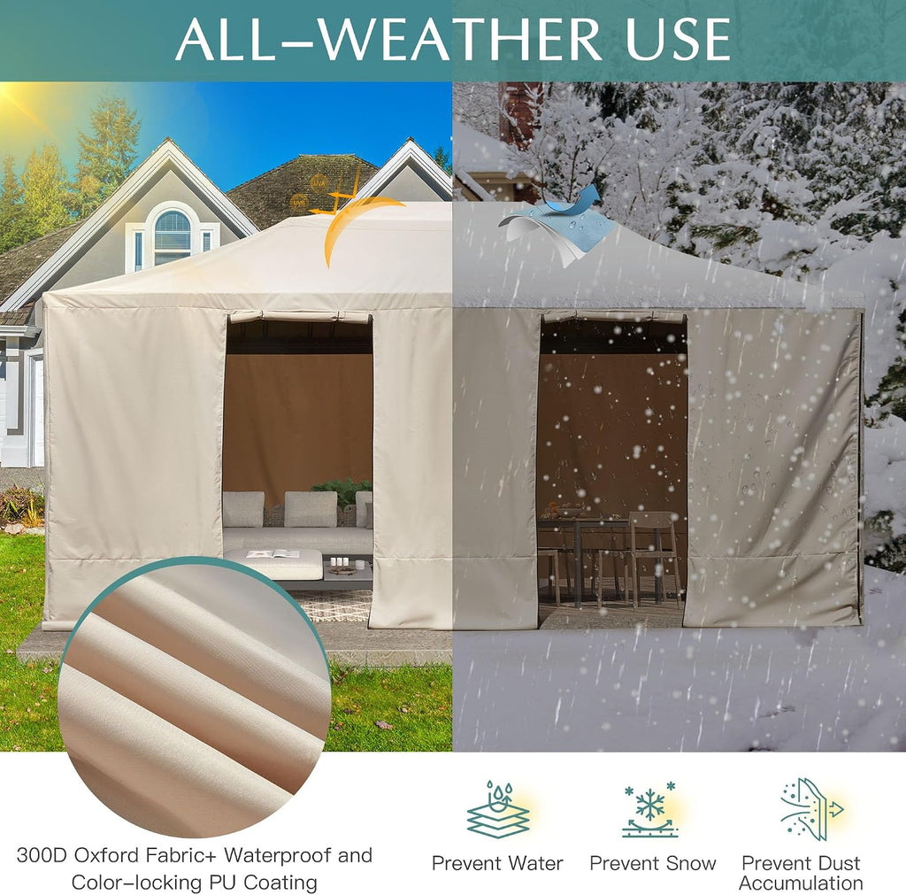 EROMMY Gazebo Cover for 12x20 Gazebos, Outdoor Winter Cover with Sidewalls and Mesh Windows, Convert into Storage Space, Beige