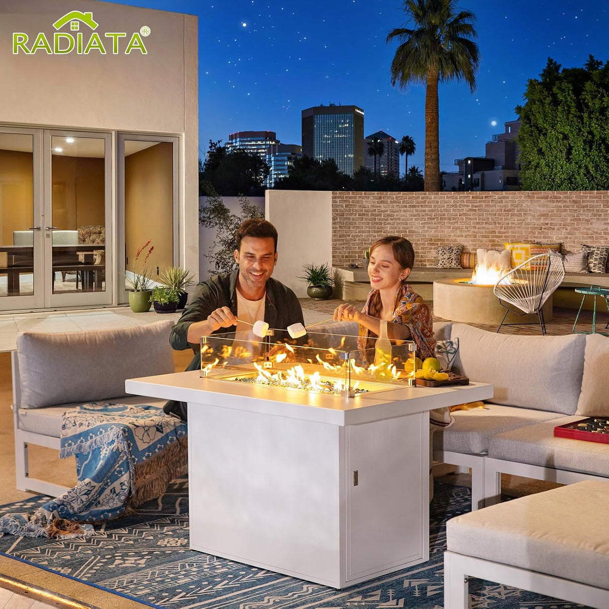 RADIATA 6 Person Large Modern Aluminum Outdoor Patio Furniture Set with Fireplace, 29' Wide Deep Seating, U Shaped Combo Sectional Couch, Water Resistant Conversation Set for Backyard Terrace, White