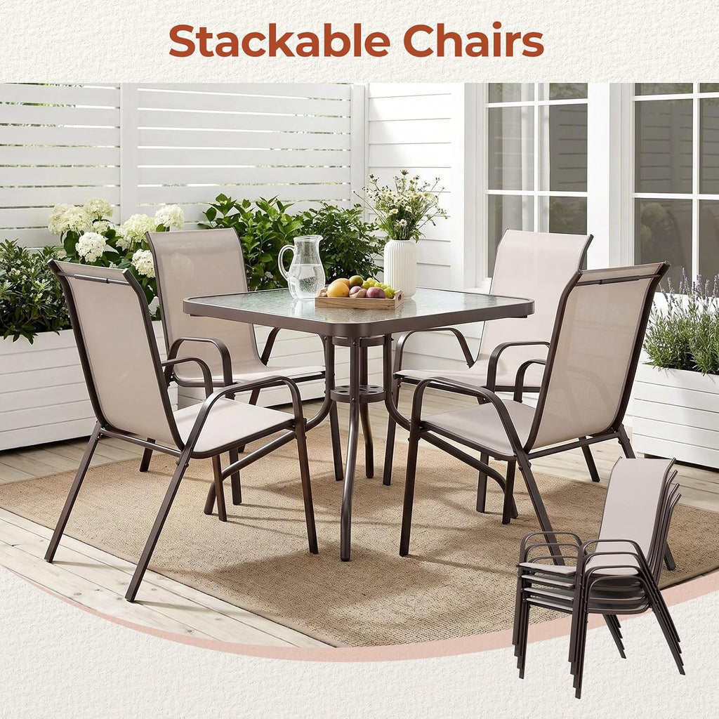 TLSUNNY Patio Dining Set 5 Pieces, All Weather Outdoor Furniture W/30'X 30' Table and 4 Stackable Textilene Chairs, Metal Table and Chairs for Patio, Lawn, Garden, Poolside, Backyard (Beige)