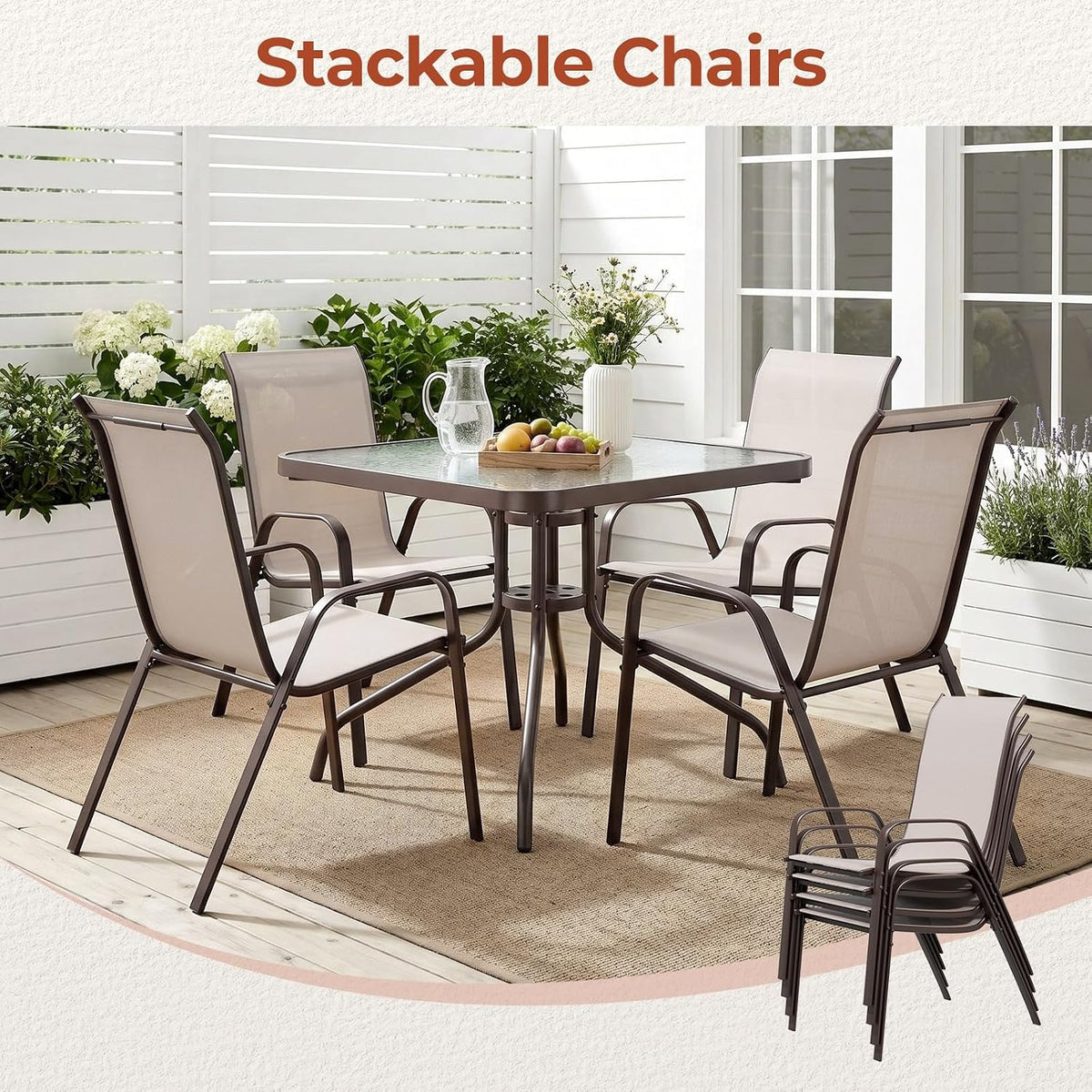 TLSUNNY Patio Dining Set 5 Pieces, All Weather Outdoor Furniture W/30'X 30' Table and 4 Stackable Textilene Chairs, Metal Table and Chairs for Patio, Lawn, Garden, Poolside, Backyard (Beige)