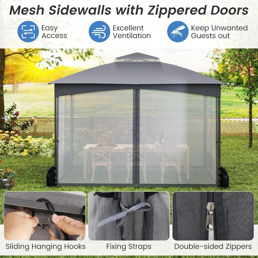 Tangkula 10x12 FT Outdoor Gazebo with Netting, Double Roof Patio Shelter with 4 Sandbags, Zippered Doors, Heavy-Duty Metal Frame, Metal Patio Gazebo for Yard Garden Lawn (Grey)
