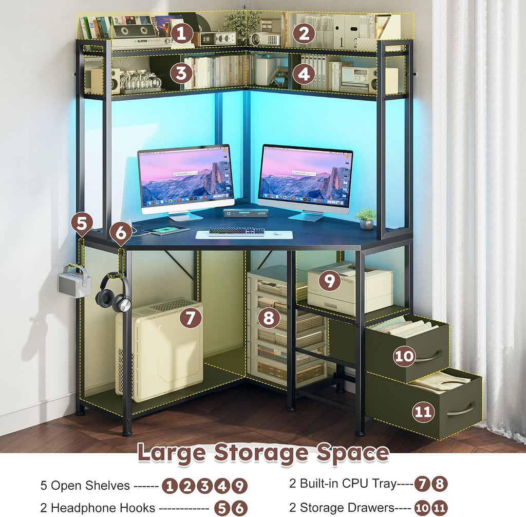 DurayLoly Corner Desk, 35.4' W x 63' H Small Gaming Desk and Black Office Desk with Hutch & LED Lights, Computer Desk with Drawers for Storage & Shelves and Hook for Small Space, Black
