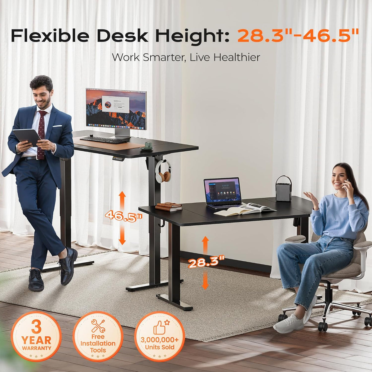 Huuger 55 x 28 Large Electric Standing Desk, Height Adjustable Computer Desk, 27.6' Deep Desktop, Stand up Gaming Office Table with 2 Hooks, 3 Preset Heights, for Home Office, Black