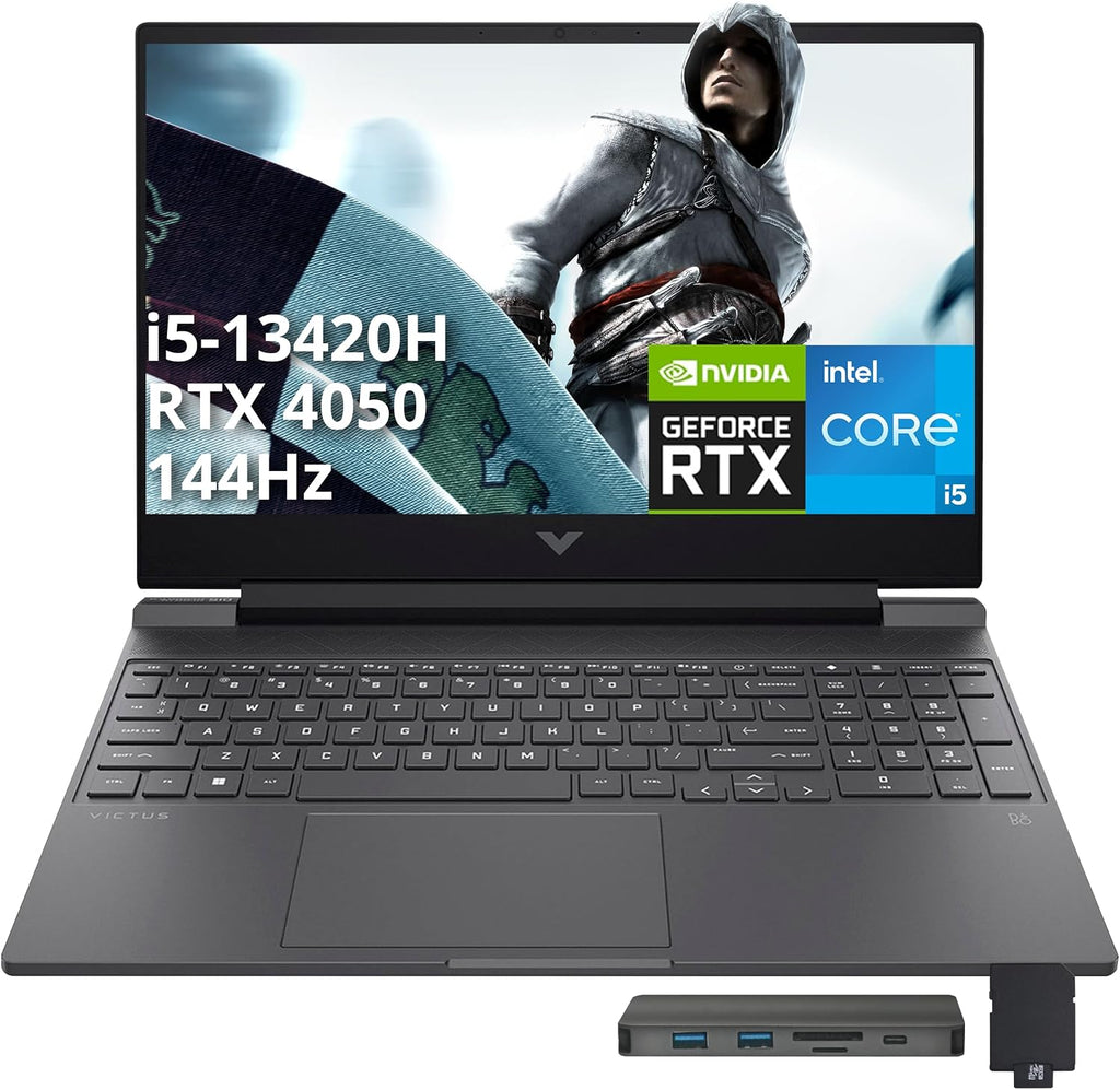 HP Victus 15.6' 144Hz FHD Gaming Laptop, Intel i5-13420H, 64GB RAM, 4TB PCIe SSD, NVIDIA GeForce RTX 4050, Backlit Keyboard, WiFi 6, Webcam, Win 11, Mica Silver, 256GB Docking Station Set