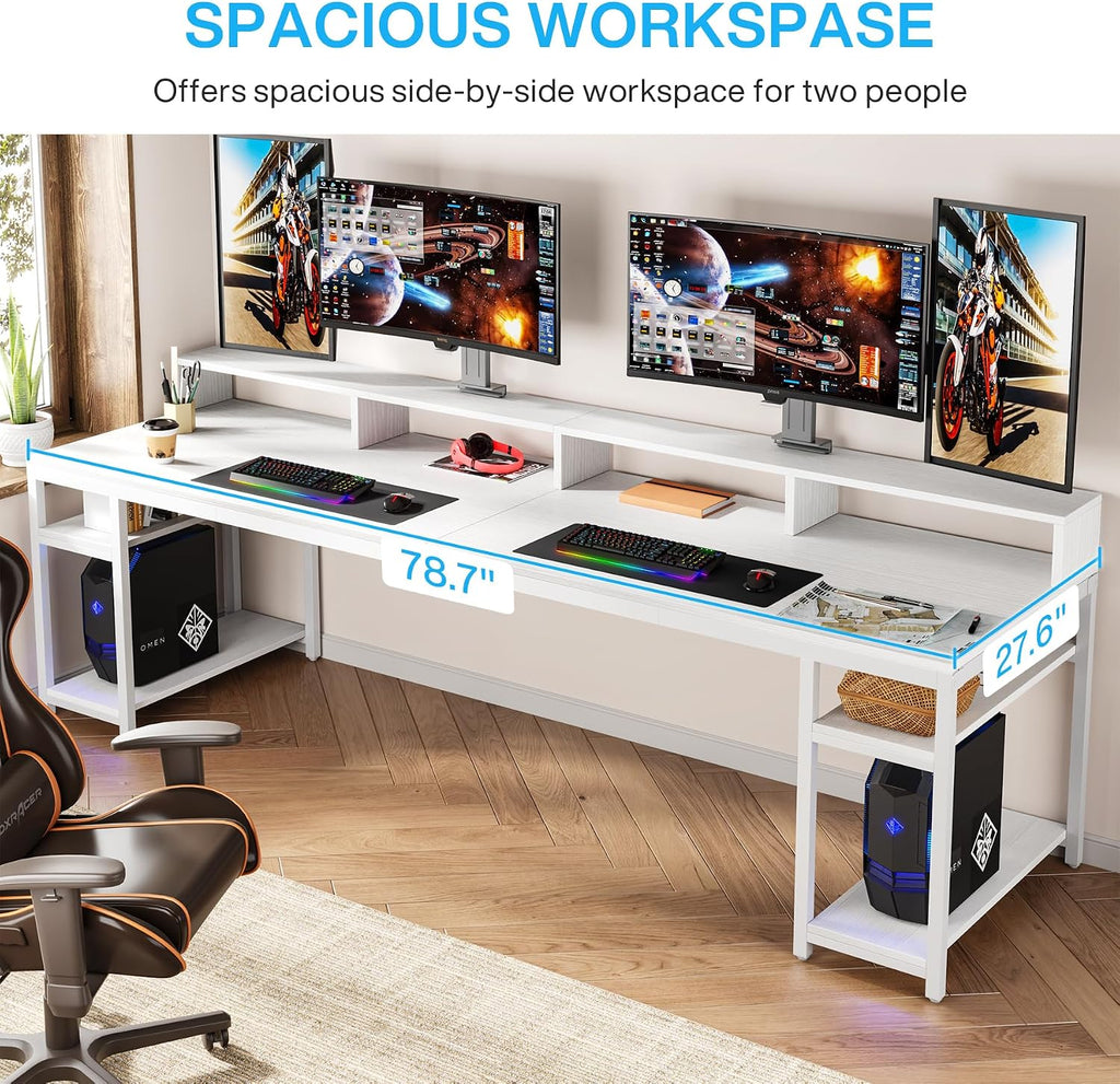 Tribesigns Two Person Desk with Monitor Stand, 78.74' Long Double Computer Office Desk with Storage Shelves, Large Gaming Desk Study Writing Table Workstation for Home Office (White)