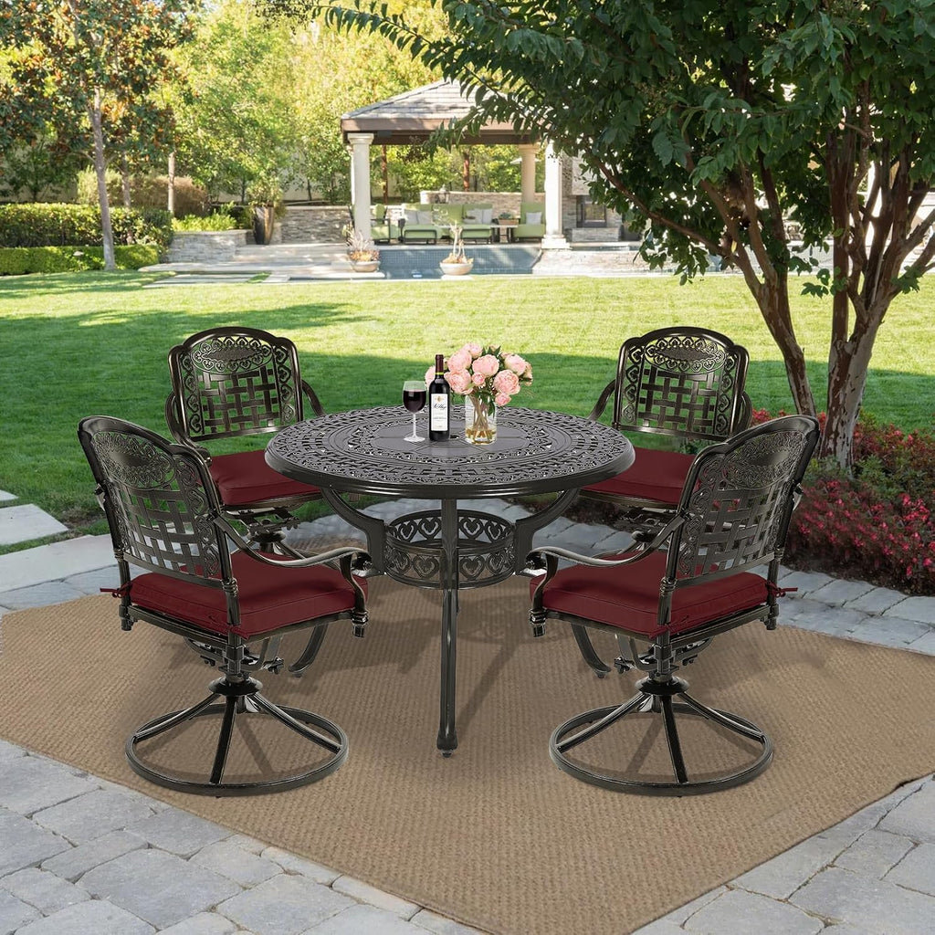 MEETWARM 5-Piece Outdoor Patio Dining Set, All-Weather Cast Aluminum Patio Conversation Set with 4 Cushions Swivel Rocker Chairs for Backyard Garden Deck and 38.5' Round Table, Chili Red