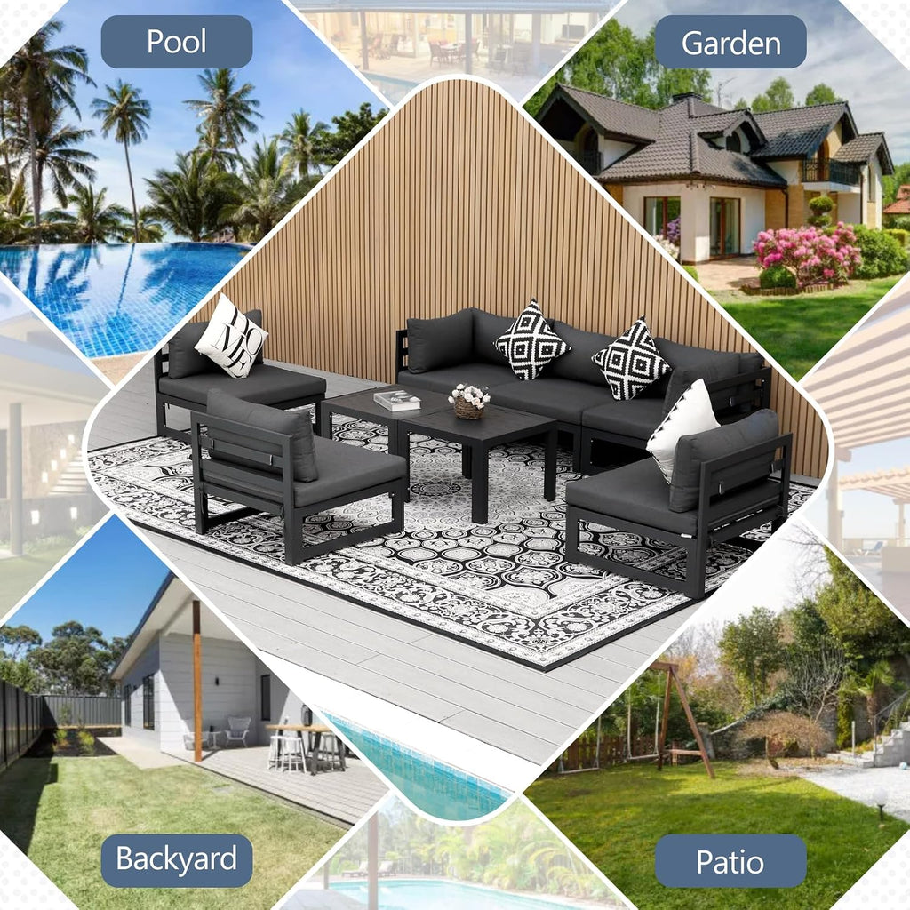 RADIATA 8 Pcs L Shaped Contemporary Aluminum Outdoor Furniture Set, 29' Deep Wide Couch Set for 500 lbs High Weight Capacity, Large Modular Patio Sectional Sofa with Coffee Table for Garden, Dark Grey