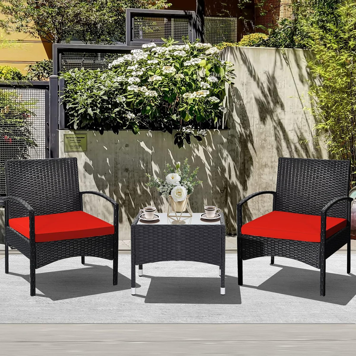 RELAX4LIFE 3-Piece Patio Furniture Set - Rattan Conversation Set, Wicker Bistro Set w/2 Chairs, Glass Coffee Table, Steel Frame, Outdoor Chairs Set for Yard Balcony, Front Porch Furniture (Red)