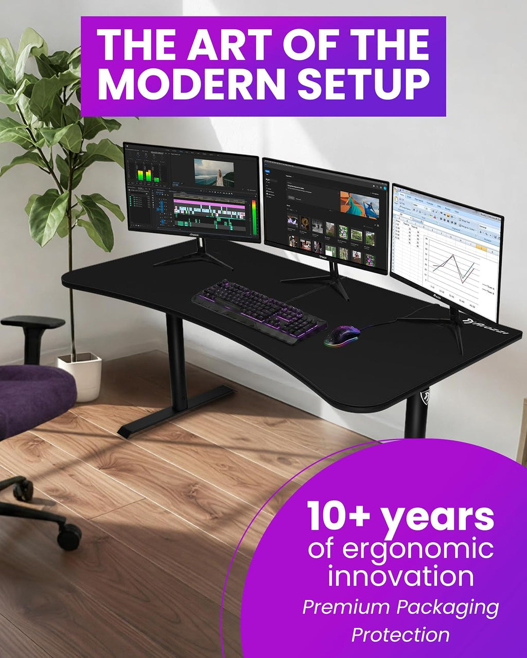 Arozzi Arena Large Gamer Desk - 63x32' Adjustable Height PC Gaming Desk With Storage For Cables & Triple-Monitor Support - Full-Surface Washable Mousepad - Pure Black