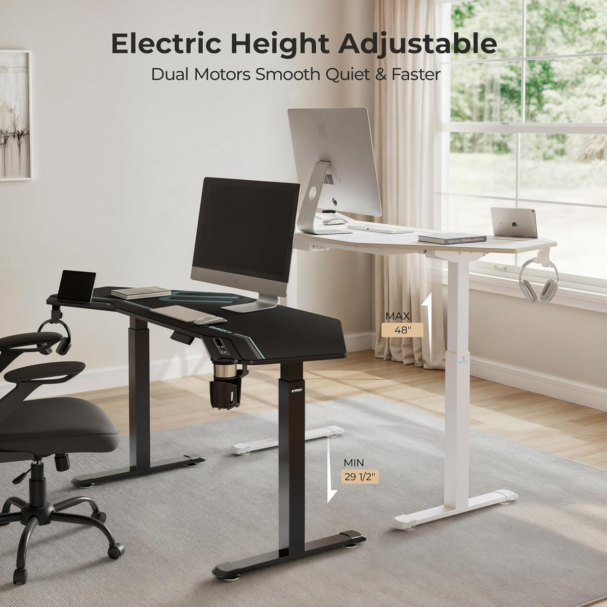 EUREKA ERGONOMIC Gaming Standing Desk w Dual Motor,72' Wing Shaped Music Studio Desk Electric Adjustable Height Table Recording Live Stream, Slot Design,Black