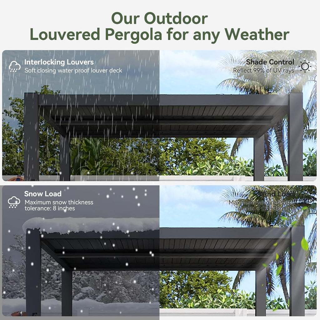 Aoxun Louvered Pergola 10' x 10' 96S Outdoor Metal Pergola with Adjustable Top for Decks, Gardens and Backyards, Easy Assembly via Structural Patent, Gray