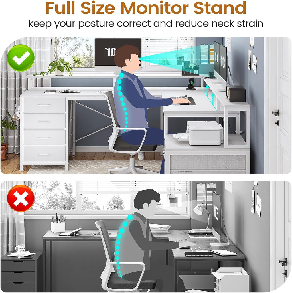 SEDETA L Shaped Desk with 6 Drawer, 108' Home Office Desk with File Drawer & Power Outlet, Corner Computer Desk with Monitor Shelf, File Cabinet, Two Person Desk, Gaming Desk with Led Lights, White