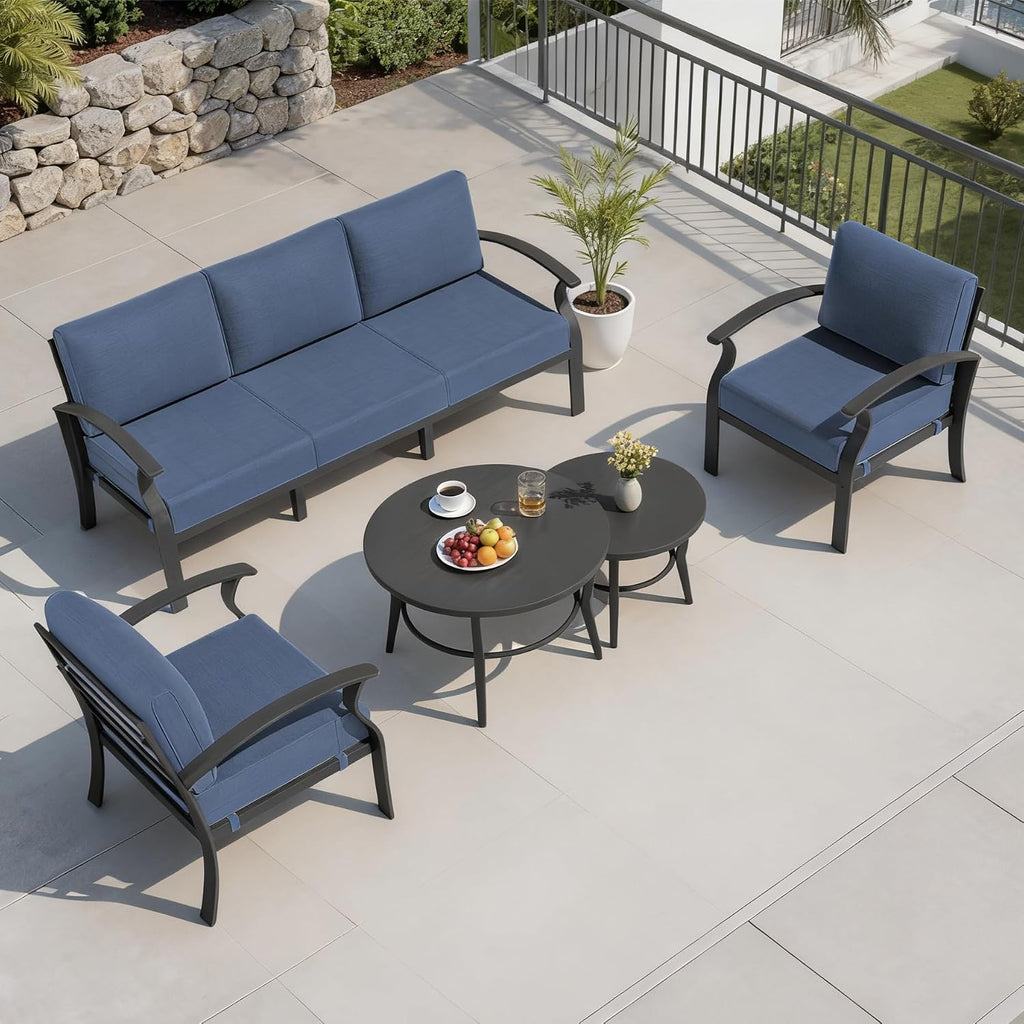 Aluminum Outdoor Patio Furniture Set,5 Seats Patio Conversation Sets with 2 Round Coffee Tables,Metal Patio Sectional Furniture Set with 5.1' Thickened Cushions,Navy Blue