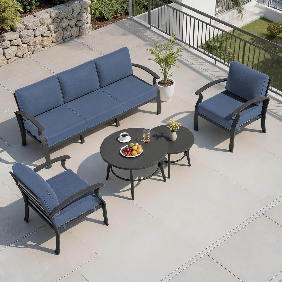 Aluminum Outdoor Patio Furniture Set,5 Seats Patio Conversation Sets with 2 Round Coffee Tables,Metal Patio Sectional Furniture Set with 5.1' Thickened Cushions,Navy Blue
