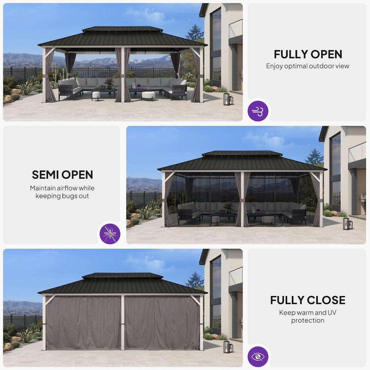PURPLE LEAF 12' X 20' Hardtop Gazebo Metal Double Roof White Aluminum Frame Outdoor Heavy Duty Gazebo with Curtain and Netting for Patio Garden and Backyard, Grey