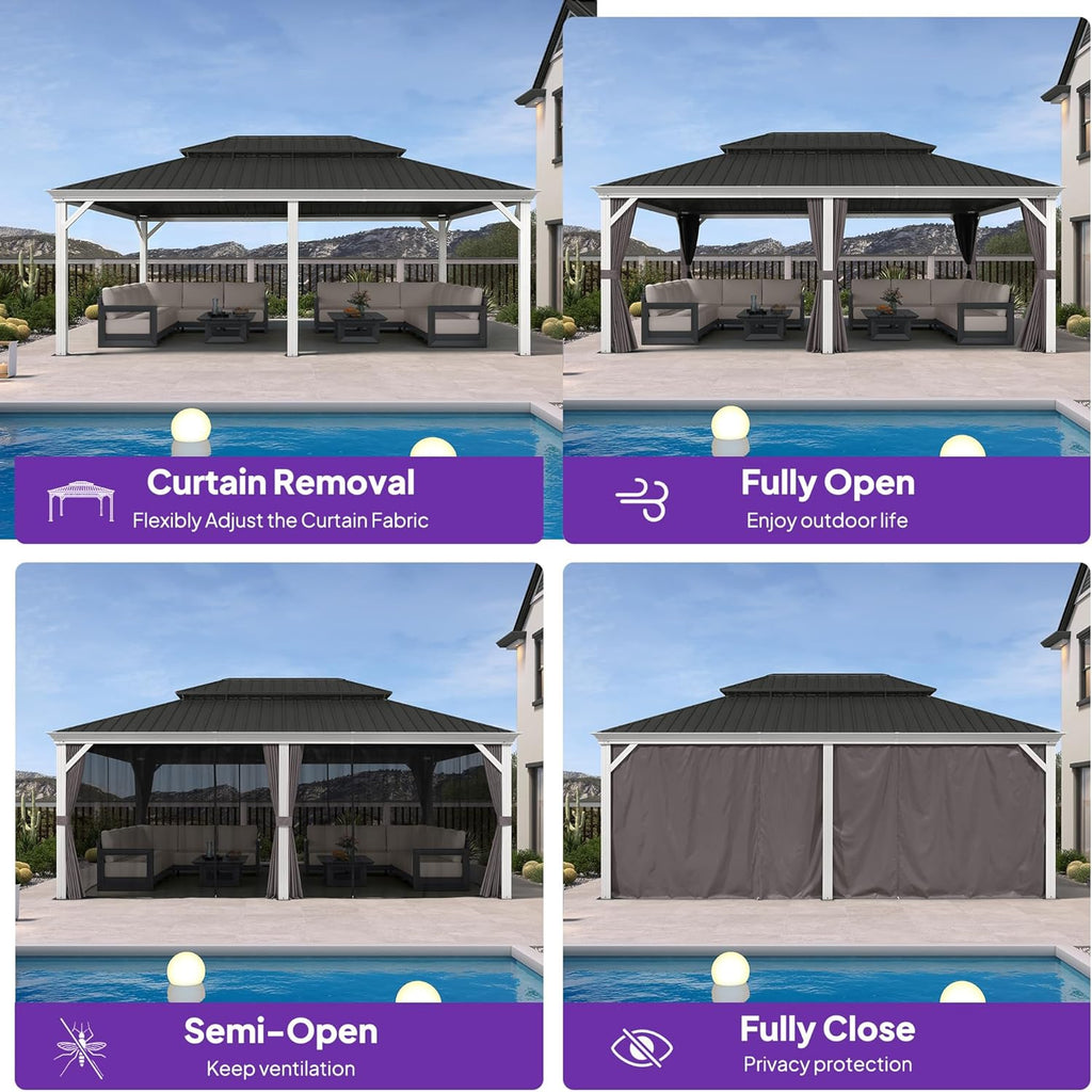 PURPLE LEAF 14' X 20' Hardtop Gazebo with Double Galvanized Steel Roof Awning and Upgrade Curtain for Patio Lawn and Garden, Grey