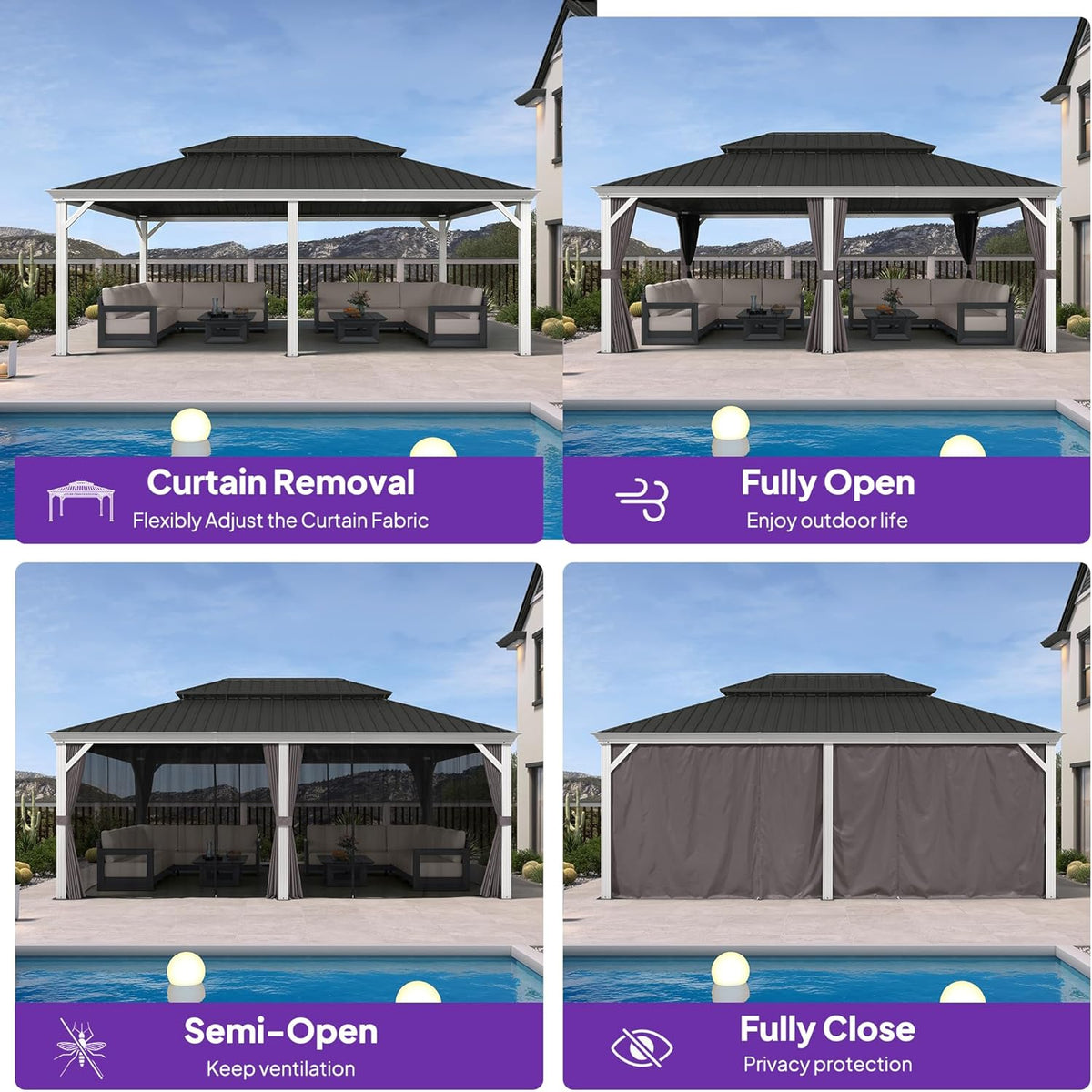 PURPLE LEAF 14' X 20' Hardtop Gazebo with Double Galvanized Steel Roof Awning and Upgrade Curtain for Patio Lawn and Garden, Grey