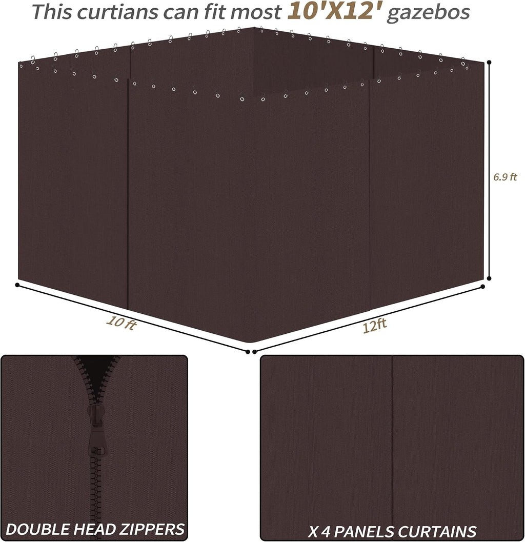 Gazebo Privacy Curtains 10' x 12' with Zipper 4-Panels Side Wall Universal Replacement for Patio, Outdoor Canopy, Garden and Backyard Coffee Brown(Curtain Only)