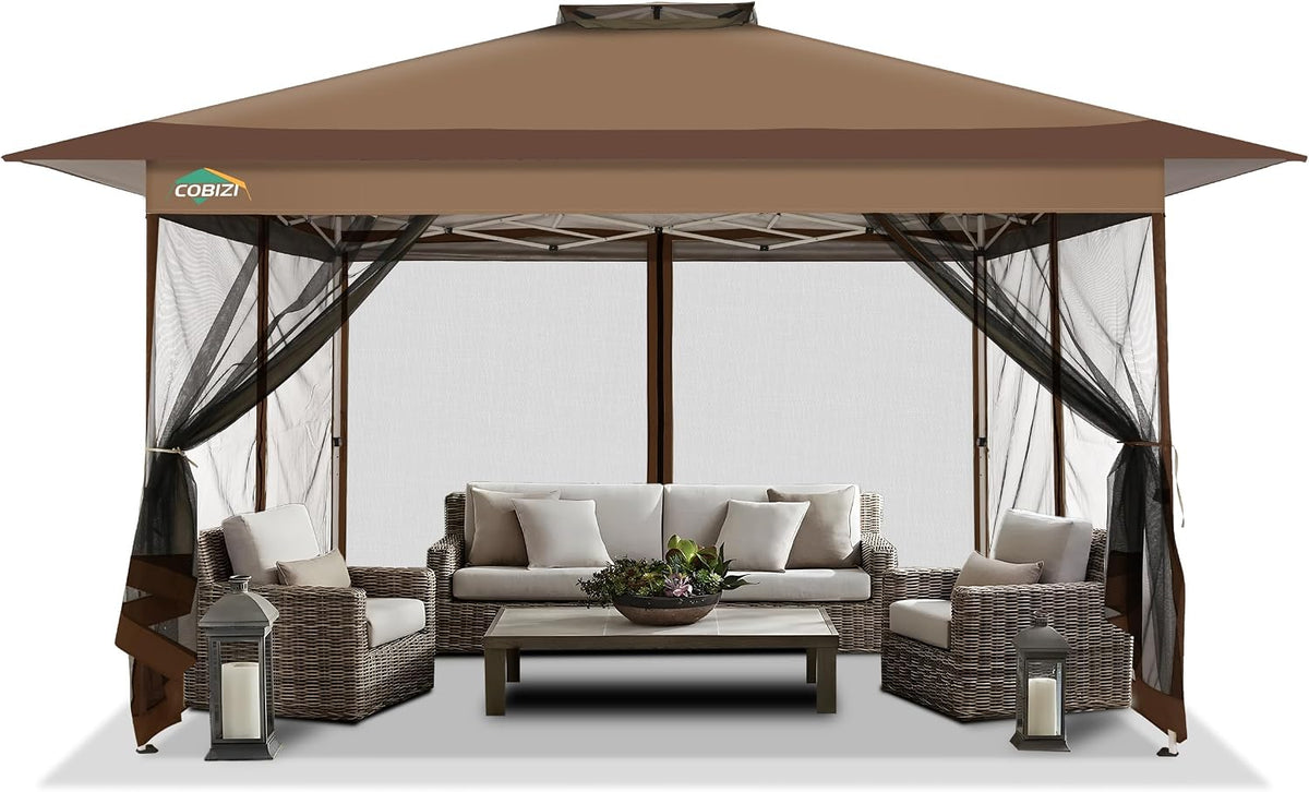 COBIZI 10x15 FT Pop up Gazebo on Clearance - Outdoor pop up Heavy Duty Canopy Tent,carpas para Patio,Screen Tents with Portable Carry Bag, Patio Gazebos for Camping, Garden, Deck, Backyard, Brown