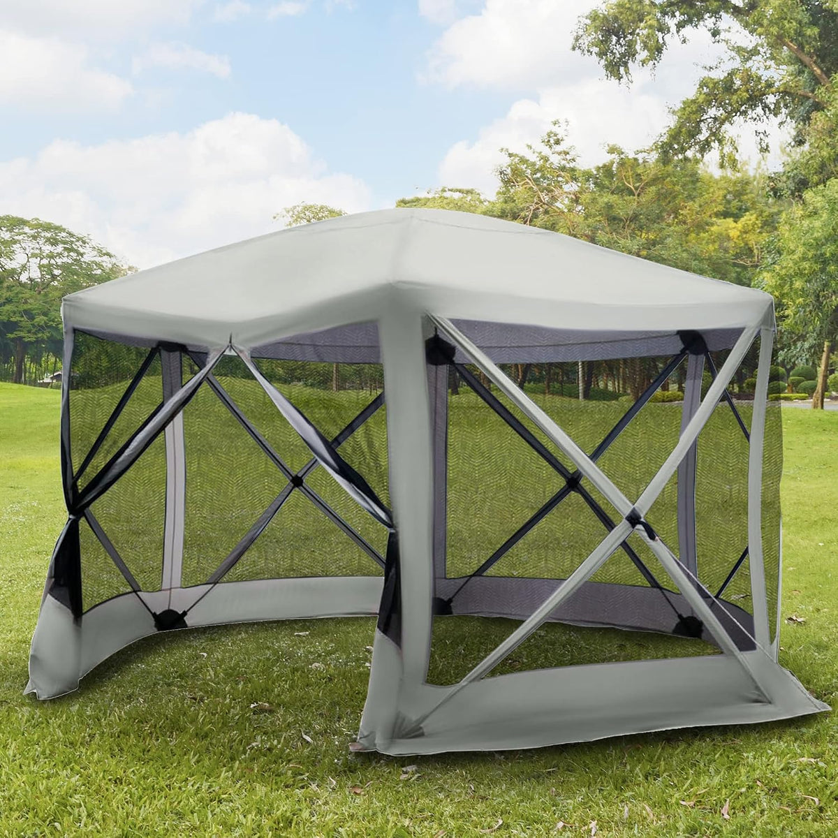 Outsunny 12' x 12' Hexagon Screen House, Pop Up Tent Portable Gazebo Canopy Shelter with Mesh Netting Walls, Carry Bag and Shaded Interior, Beige