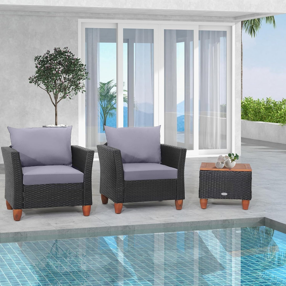 LDAILY Patio 3 Pieces Patio Furniture Set, PE Rattan Outdoor Wicker Sofa Chair with Washable Cushion & Wood Storage Table, Patio Conversation Set for Porch, Yard, Garden (Grey)