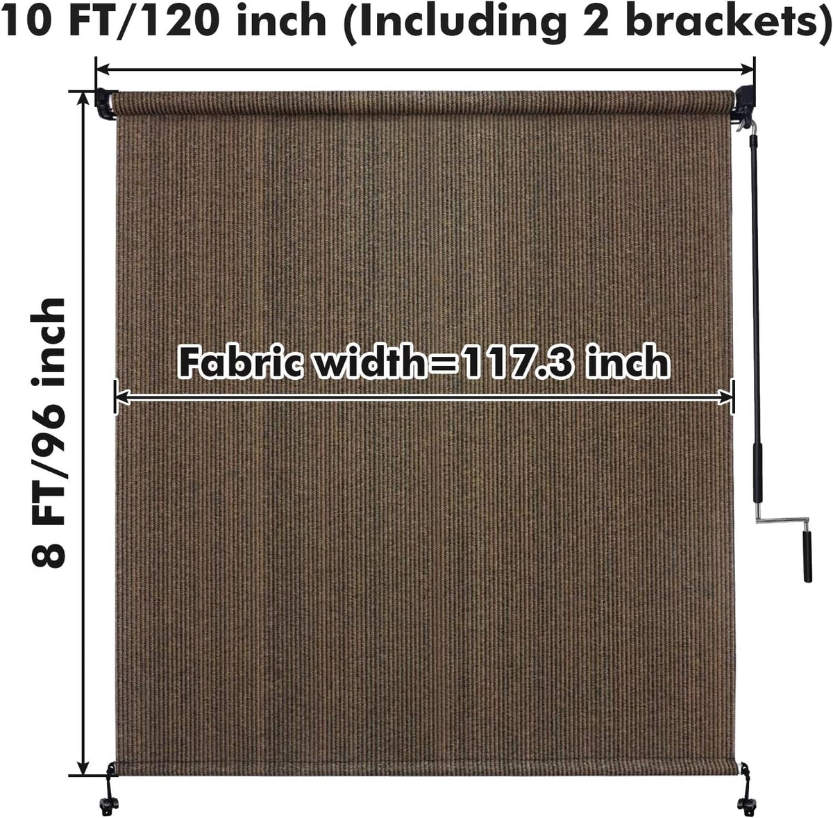 Artpuch Outdoor Roller Shades with Splicing Design, 10' W x 8' H Exterior Cordless Patio Shades Roll Up Blinds for Porch, Gazebo, Pergola, Balcony, Mocha
