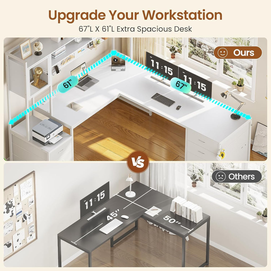 SEDETA L Shaped Gaming Desk with Drawers, Reversible Computer Corner Desk with File Drawer, Hutch, Storage Shelves for Home Office, Gaming Two Person Desk with Led Lights, Power Outlet, White