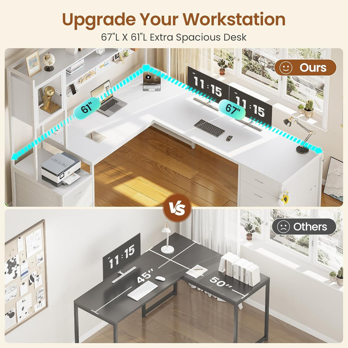 SEDETA L Shaped Gaming Desk with Drawers, Reversible Computer Corner Desk with File Drawer, Hutch, Storage Shelves for Home Office, Gaming Two Person Desk with Led Lights, Power Outlet, White