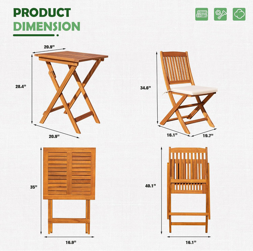 Greesum 3 Piece Patio Folding Furniture Bistro Set with 2 Chairs and Square Table for Pool Beach Backyard Balcony Porch Deck Garden,Acacia Wood