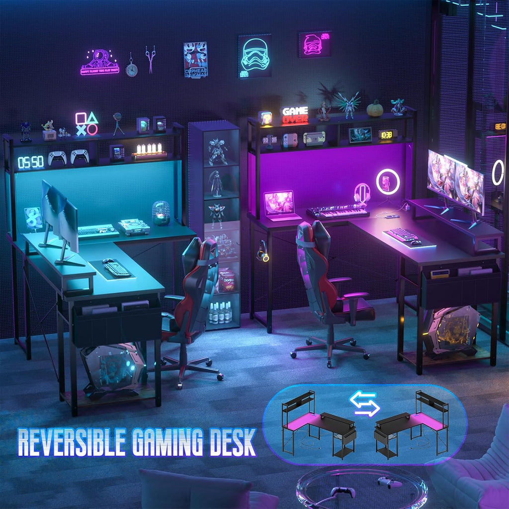 Besiost Small L Shaped Desk Gaming Desk with Power Outlets, 48' Reversible L Shaped Computer Desk with Monitor Stand & Storage Shelf, Corner Gamer Desk Home Office Desk with Storage Bag, Black