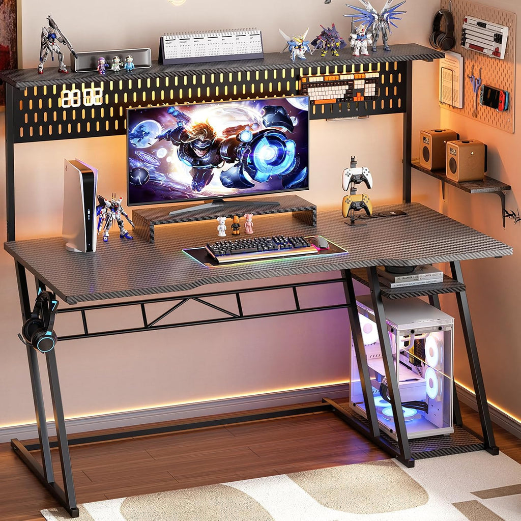Armocity Gaming Computer Desk with Hutch and LED Lights, 53'' Black Gaming Desk with Storage Shelves, Reversible PC Gamer Desks with Pegboard, Ergonomic Desk for Bedroom, Carbon Fiber Surface