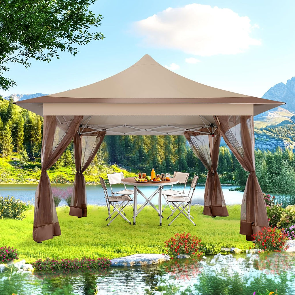 COBIZI 12x12 Pop Up Gazebo On Clearance Canopy Tent Easy Up Outdoor Gazebo Waterproof Upgrade with Mosquito Nettings and Carry Bag for Patio Garden Lawn（Khaki）