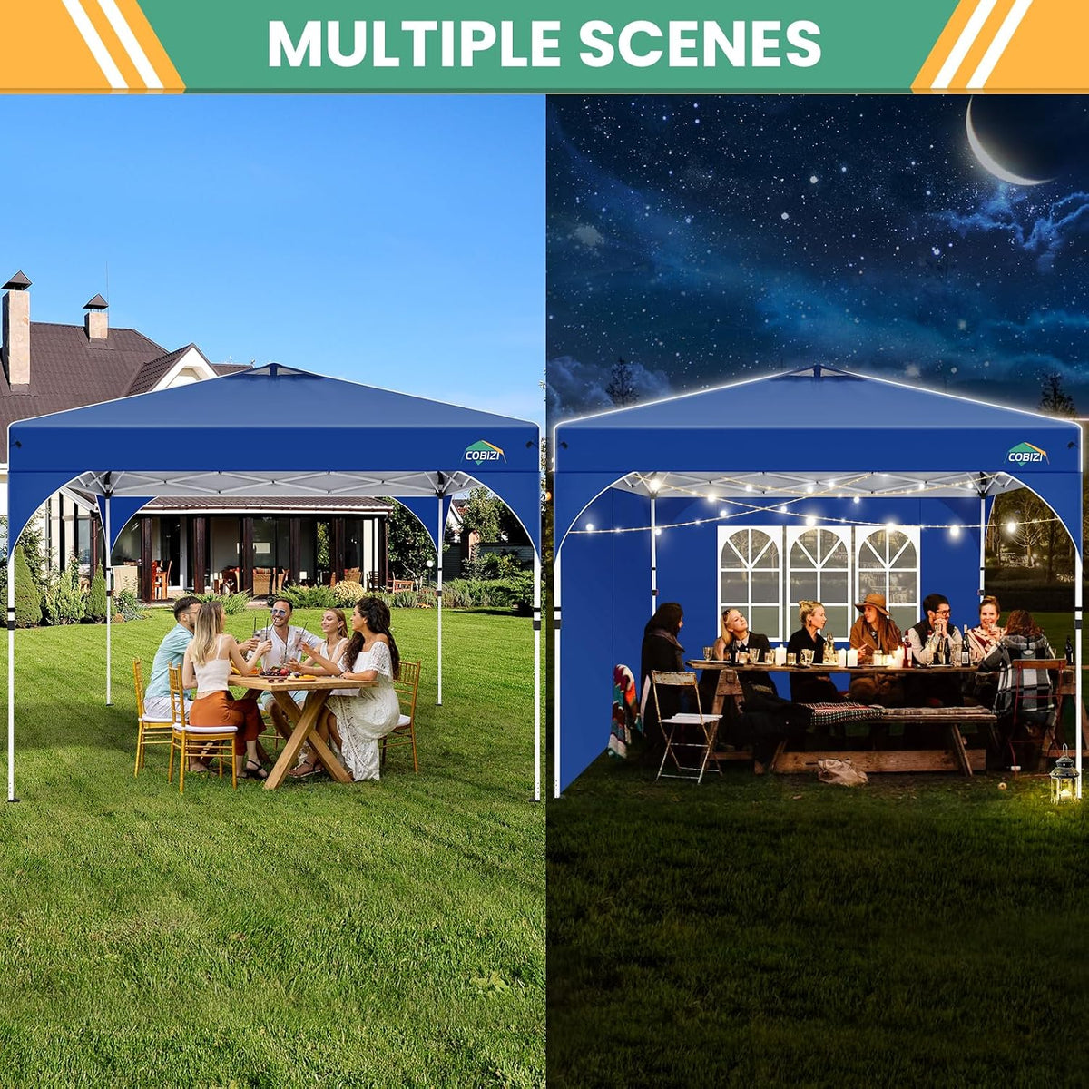 COBIZI 10x10 Pop up Canopy, Canopy Tent 10x10 with 3 Sidewalls, 1 Person Easy Set up，Tents for Parties, Outdoor Tent with Fluorescent Strip & 4 Sandbags, Waterproof, 3 Adjustable Height（Dark Blue）