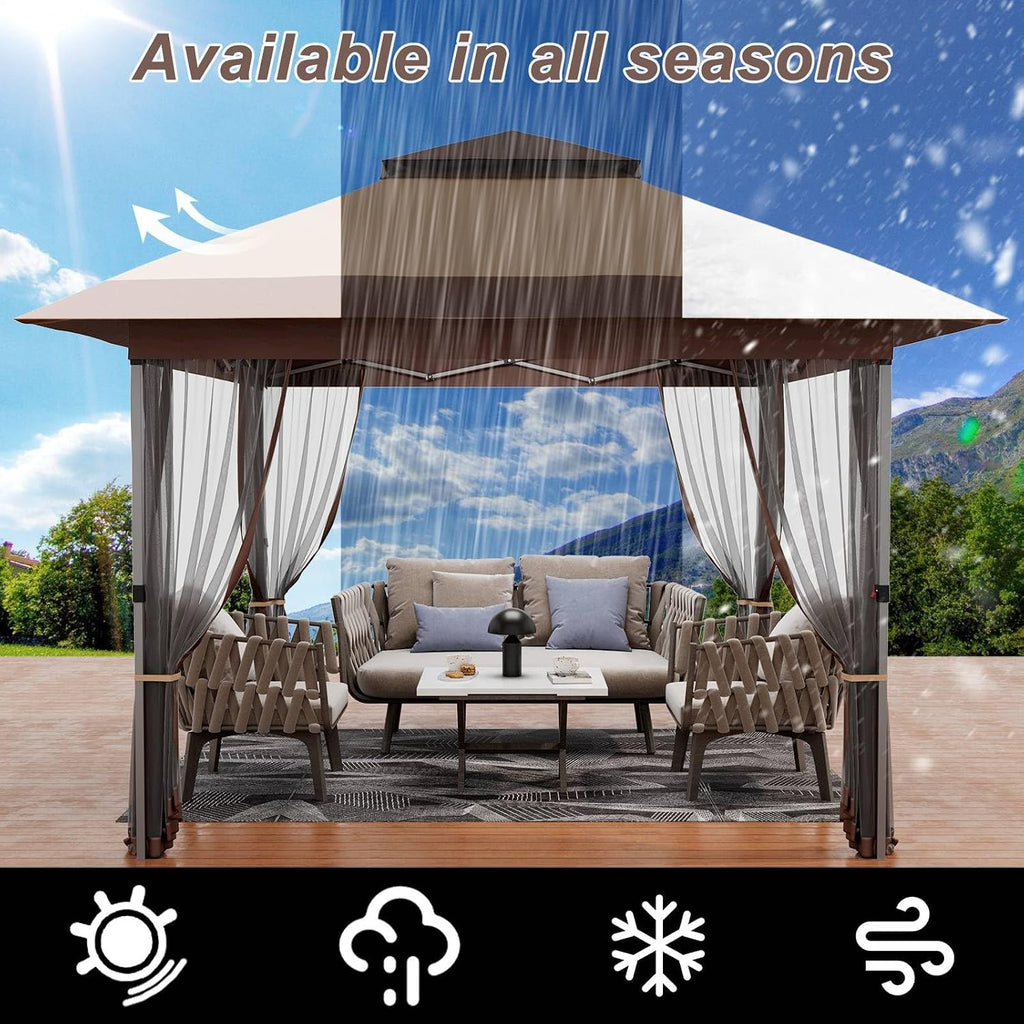 GarveeLife 12 ft x12 ft Softtop Gazebo, Outdoor Pop Up Gazebo with Mosquito Netting, Party Tent & Shelter with Double Roofs for Gardens, Patios, Lawns