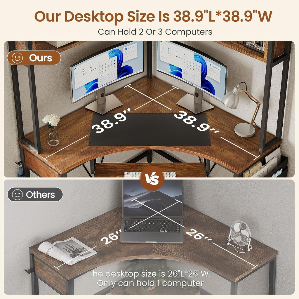 SEDETA Corner Desk, 39' W x 62' H Small Office Desk with Hutch & LED Lights, Triangle Gaming Computer Desk with Keyboard Tray, Storage Bag, and Headphone Hook for Small Space, Rustic Brown