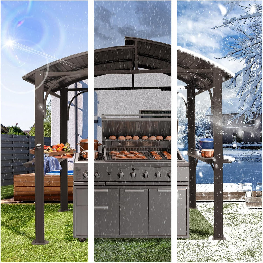 8x5FT Hardtop Grill Gazebo, All-Weather Outdoor Gazebo with 2 Side Shelves and Bottle Opener, Galvanized Steel Double ARC Roof, Outdoor Metal Grill Canopy for Patio, Backyard, Lawn, Deck – Brown