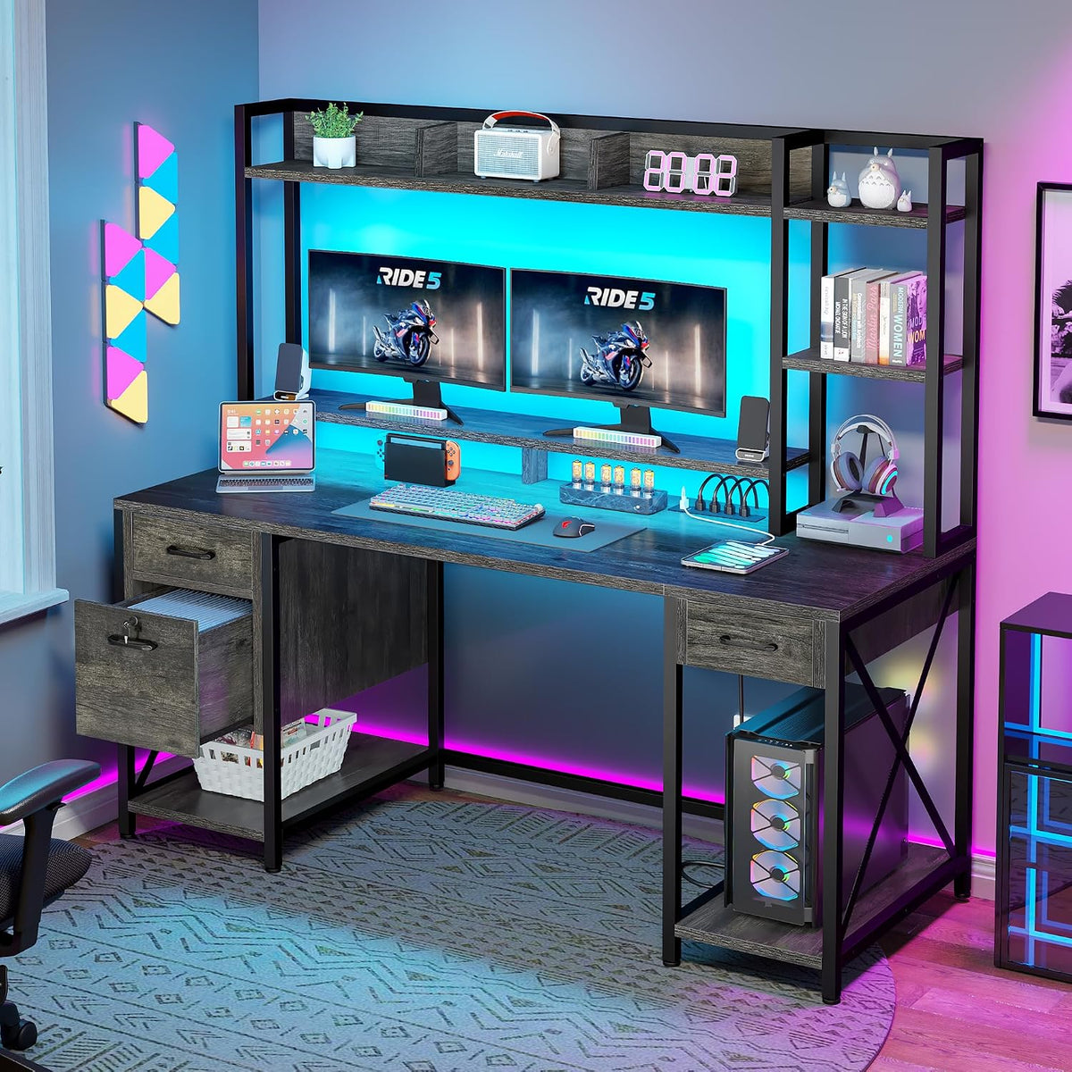 DWVO Computer Desk with Drawers & Hutch, 59.1' Office Desk with Power Outlets & LED Lights, Home Office Desk with Storage Shelves, Grey