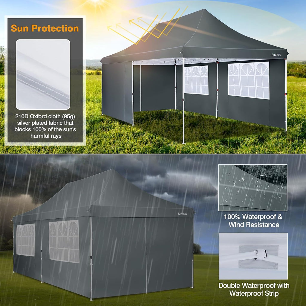 COBIZI 10x20 Pop Up Canopy with 4 Sidewalls, Conical Party Tent 10x20 with 3 Adjustable Height Waterproof, UV-Resistant EZ Outdoor Gazebo with Carry Bag, Sandbag, Stake, Rope for Parties, Commercial