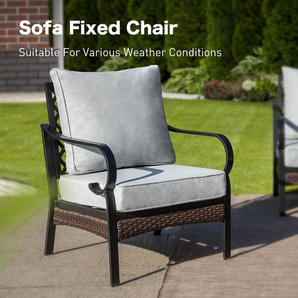 SUNSHINE VALLEY 4 Piece Metal Outdoor Patio Furniture Set, Patio Conversation Sets 1 3-seater Sofa, 2 Chairs with 5.75' Extra Thick Cushion and Coffee Table, Black Frame Backyard Furniture, Light Gray