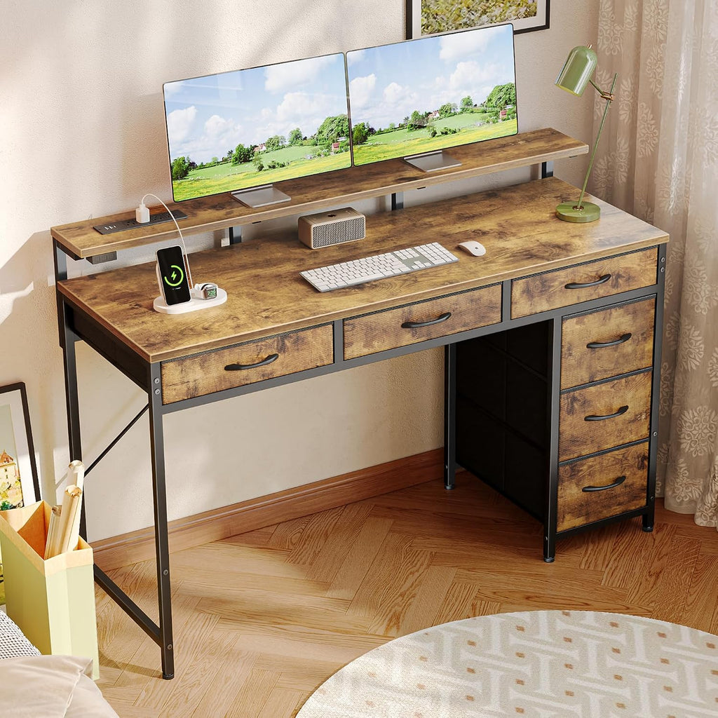 Huuger Gaming Desk with 6 Drawers, Computer Desk with LED Lights Power Outlets and Type-C, 47 Inch Office Desk with Storage, Monitor Stand, Writing Desk Work Desk for Home Office, Study, Rustic Brown