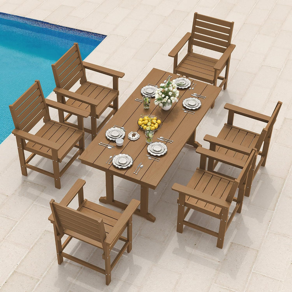 7 Piece Outdoor Dining Set, HDPS Patio Table and Chairs Set, 66' Patio Table with 1.96' Umbrella Hole & 6 Chairs, All Weather Furniture for Garden, Backyard, Poolside (Brown)