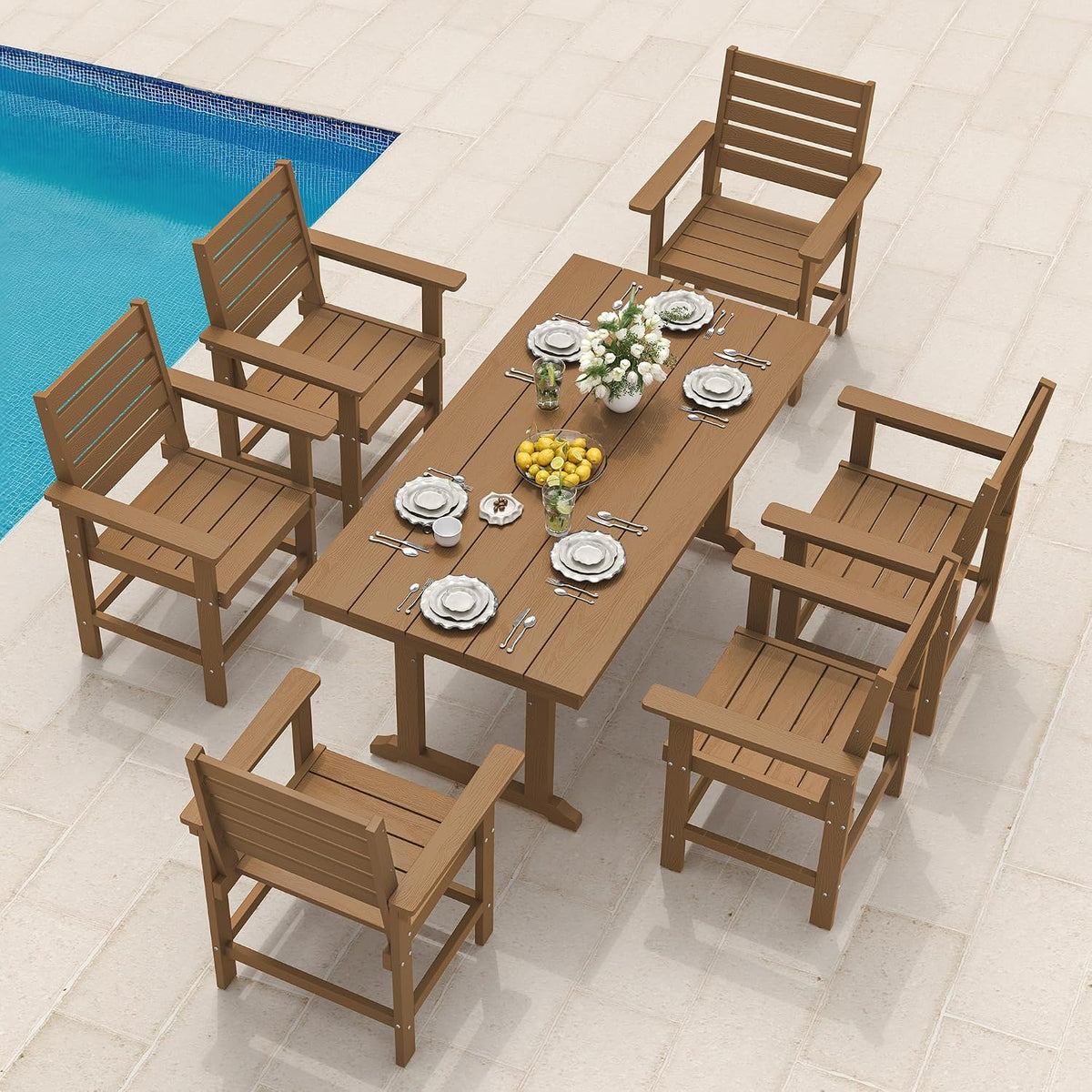 7 Piece Outdoor Dining Set, HDPS Patio Table and Chairs Set, 66' Patio Table with 1.96' Umbrella Hole & 6 Chairs, All Weather Furniture for Garden, Backyard, Poolside (Brown)