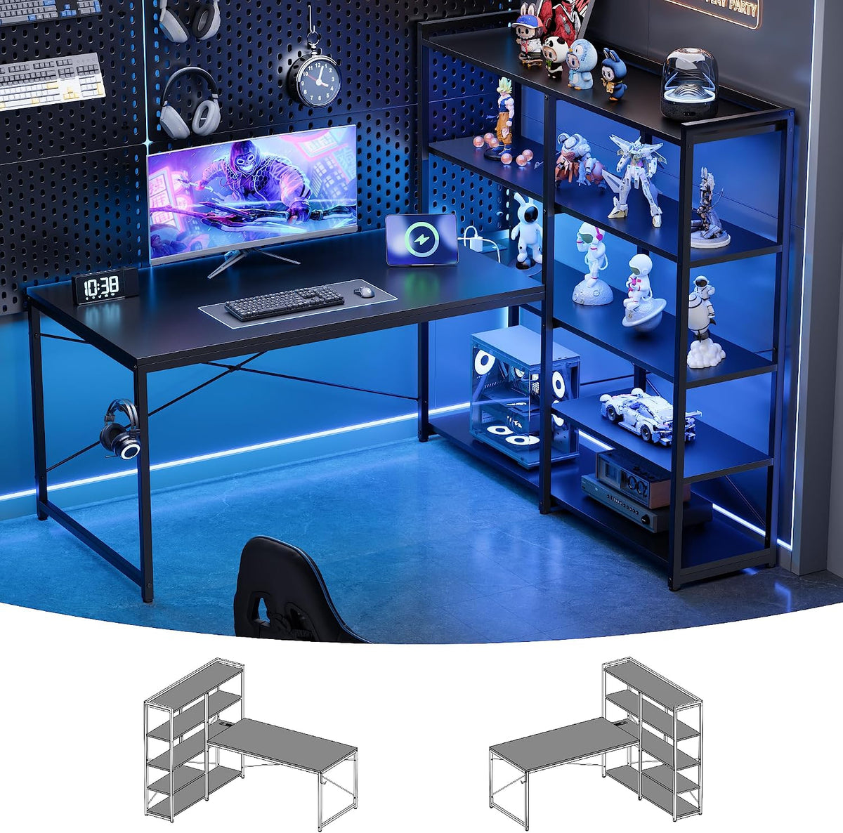 Pamray L Shaped Computer Desk with Reversible Side Storage Shelves, 49 Inch Gaming Desk with Power Outlets and Led Lights, PC Table for Home Office and Bedroom Black