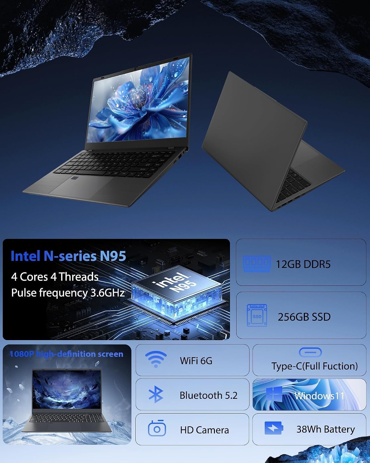 Laptop Computer, 15.6' FHD IPS Display, N95 Processor (Beat N5095), 12GB High-Speed DDR5 RAM 256GB SSD, WiFi 6 BT 5.3, Fingerprint , Backlit Keyboard, Lightweight Notebook for Business Student Office