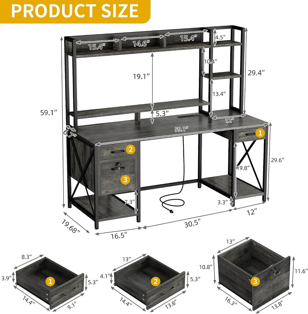 DWVO Computer Desk with Drawers & Hutch, 59.1' Office Desk with Power Outlets & LED Lights, Home Office Desk with Storage Shelves, Grey