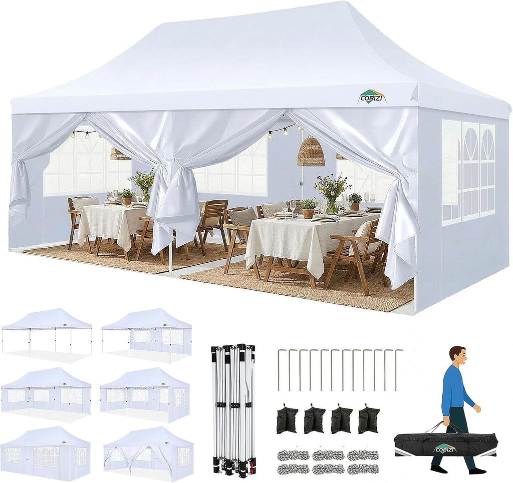 COBIZI Canopy 10x20 Pop Up Canopy Tent with Sidewalls, Waterproof Commercial Canopy Ez Outdoor Instant Gazebo UV Protection 50+ Event Shelter, Garden Tents for Parties with Sandbags, White